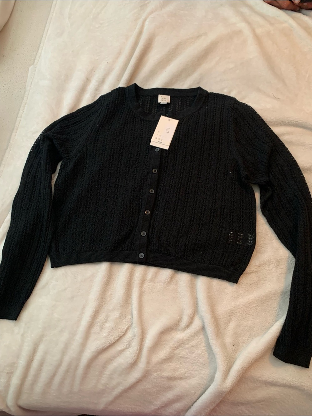 A New Day Womens Black Pointelle Knit Cropped Cardigan Sweater
Size Large